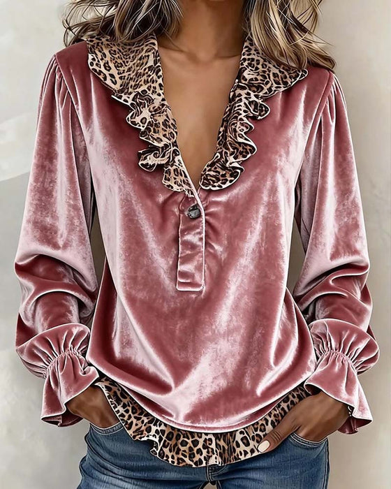 Bluse V-Hals Leopard Tryk Ruffle Ærme
