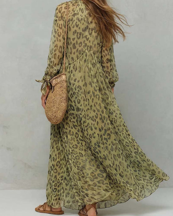 Kjole V-Hals Lang Ærme Leopard Maxi
