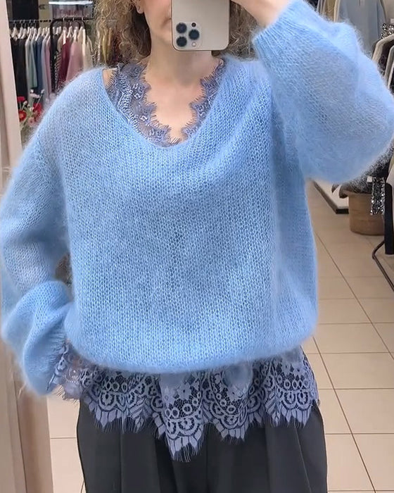 Pullover V-Hals Ensfarvet Patchwork