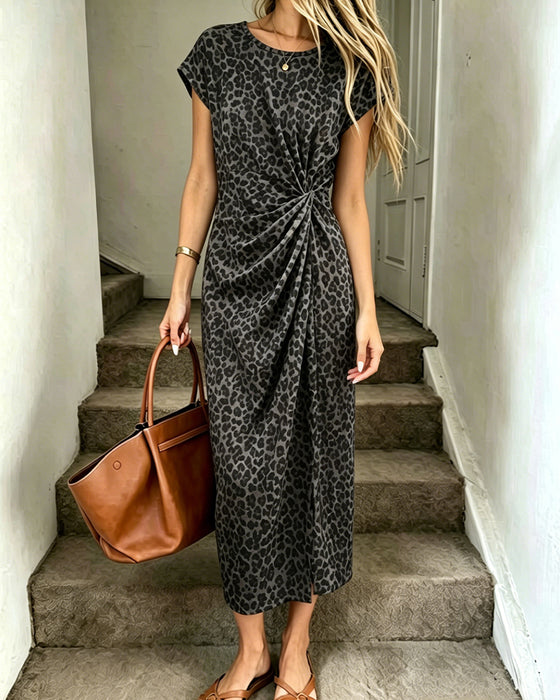 Kjole Rund Hals Twist Foran Leopard Kort Ærme Lang