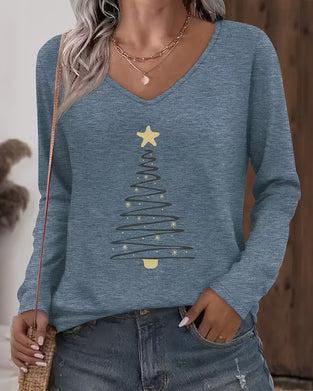 Langærmet Top Med V-Hals Og Tryk