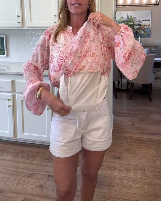 Bluse Med Ballonærmer Og Blomstermønster