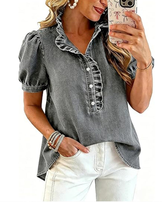 Bluse Knap Op Ruffle Denim