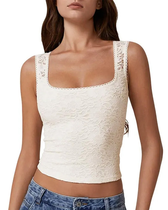 Tank Top Blondekant Firkantet Hals Ærmeløs