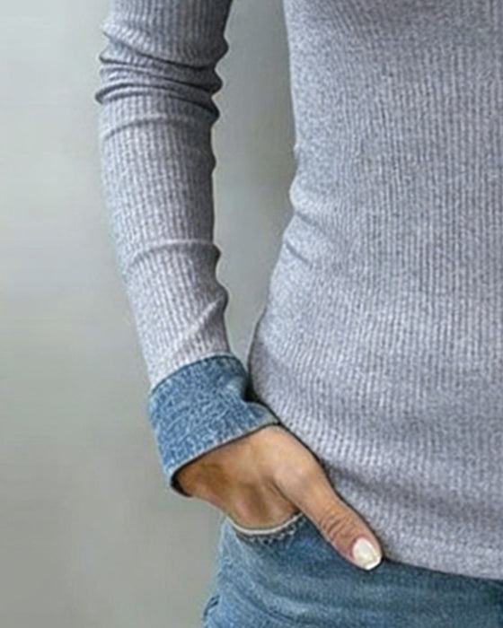 Top Kontrastfarve Klap V-hals Langærmet