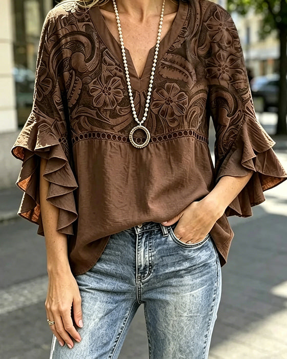 Bluse Vintage Blomstret Tryk Asymmetrisk Rynke Ærme