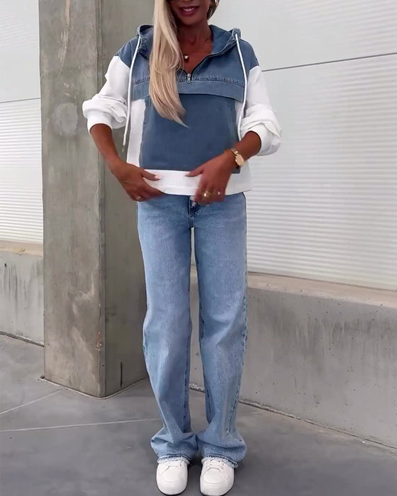 Patchwork denim hættetrøje med lynlås