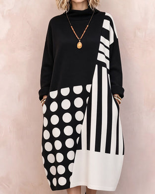 Kjole Patchwork Polka Dot Stribet Høj Hals Langærmet
