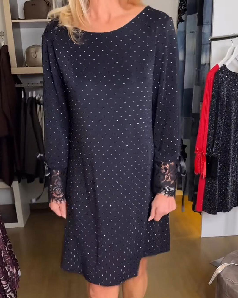 Kjole Ensfarvet Patchwork Skinnende Rund Halsudskæring