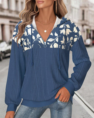 Sweatshirt Med Hætte Halvlynlås Blomstertryk