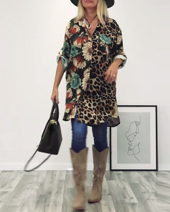 Revers patchworkskjorte med leopardprint