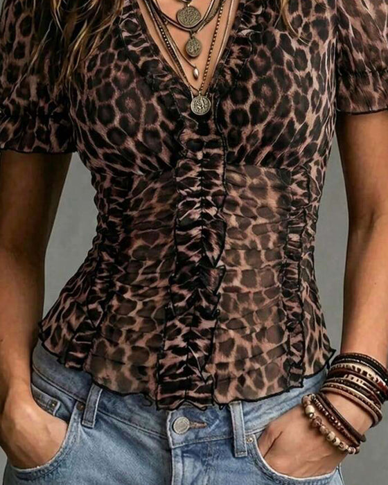 Bluse V-Hals Leopard Tryk Ruffle Pufærme