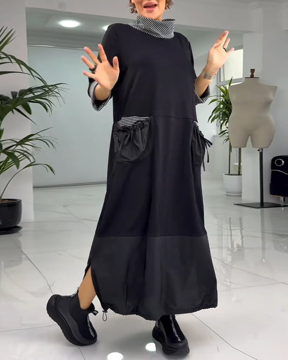 Afslappet patchworkkjole med høj krave