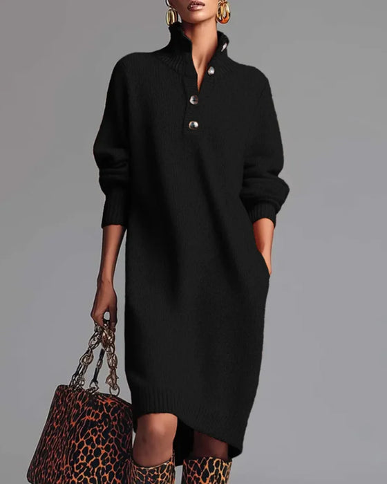 Ensfarvet Kjole Med Knapper Og Høj Hals