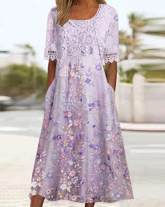 Kjole Blonder Blomstermønster Patchwork A-Linje