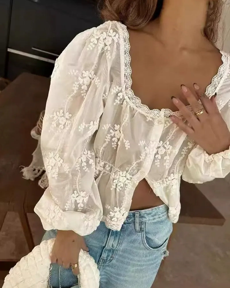 Bluse U-hals Løs Broderet Langærme