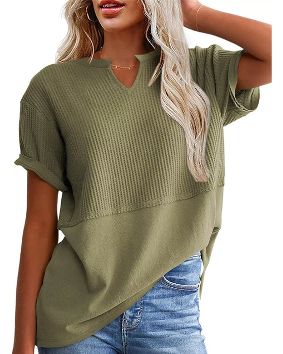 T-Shirt Indsnævret Talje Patchwork V-Udskæring Pullover