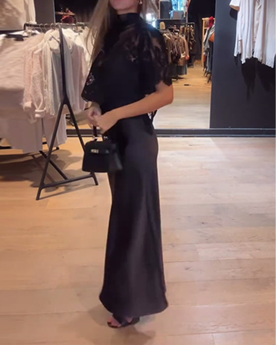 Sæt Blonde Og Meshbluse Med Draperet Slipkjole