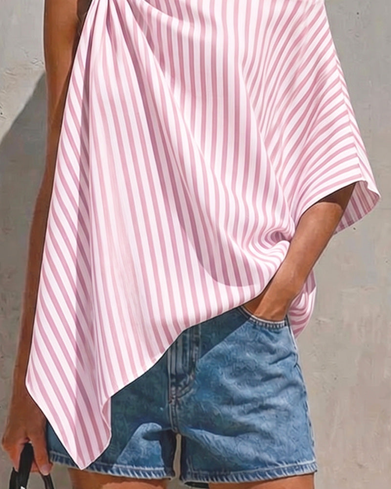Bluse Stribet Løs Asymmetrisk Design