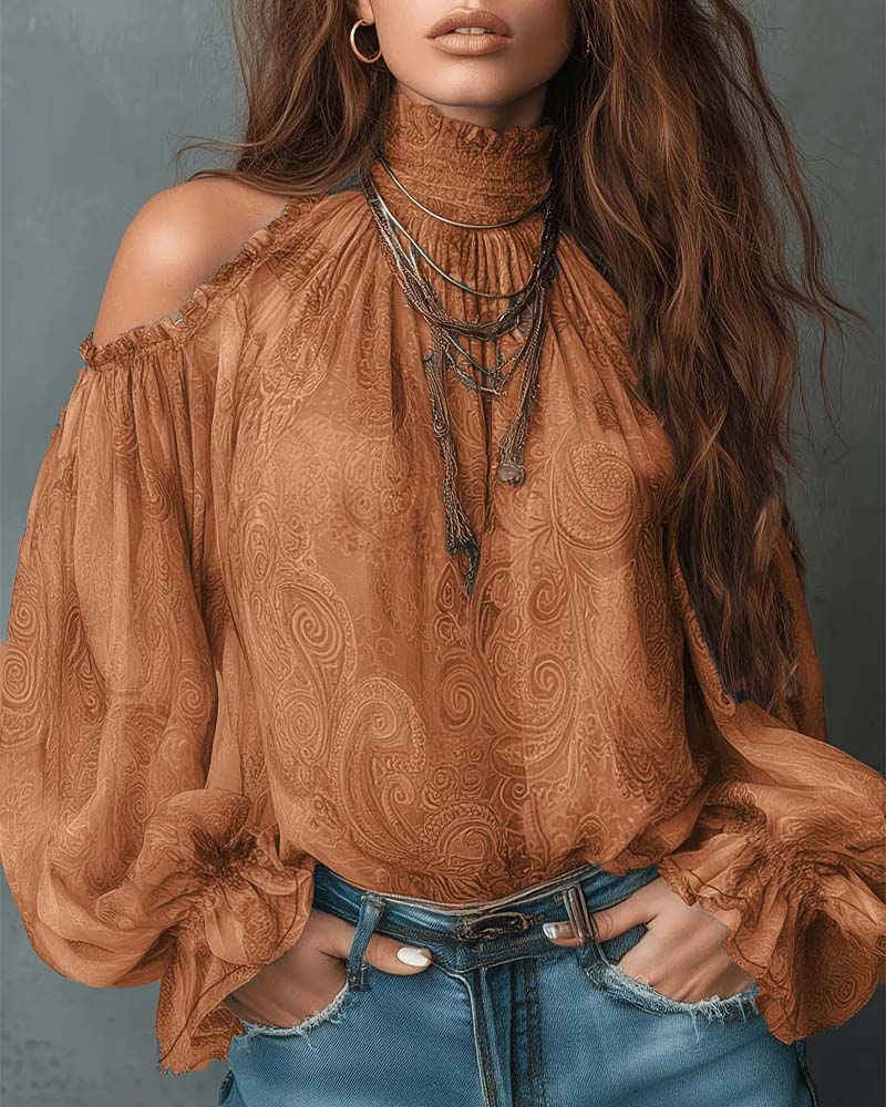 Bluse Trykt Off-Shoulder Mandarin Krave