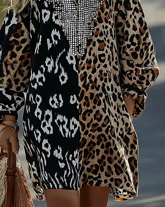 Kjole Farve Blok Leopard Tryk Kort