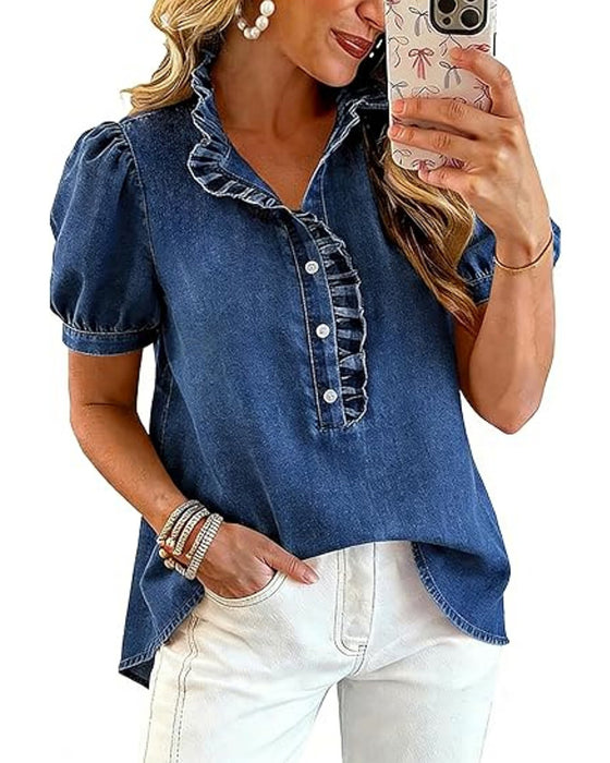 Bluse Knap Op Ruffle Denim