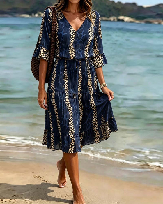 Kjole V-Hals Leopard Patchwork Midi Ferie