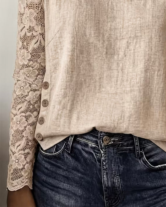 Bluse Rund Hals Knappet Blonder Patchwork Langærmet