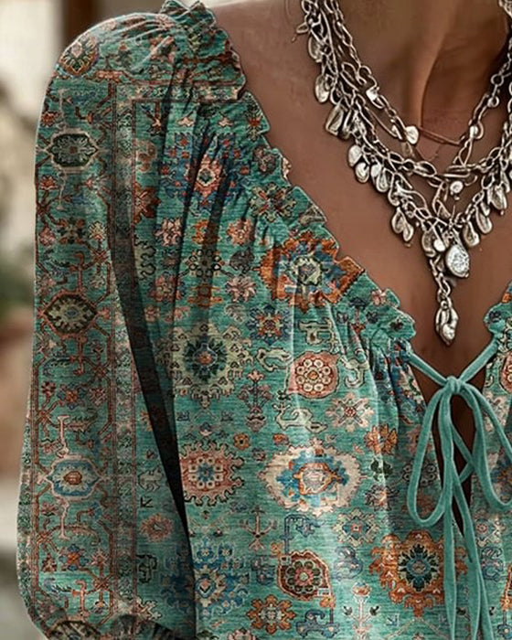 Bluse V-Hals Bindebånd Vintage Tryk