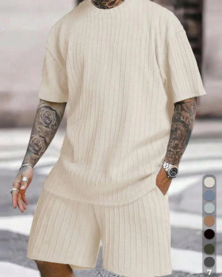 Herres Striberet T-Shirt Og Shorts Toedelt Set