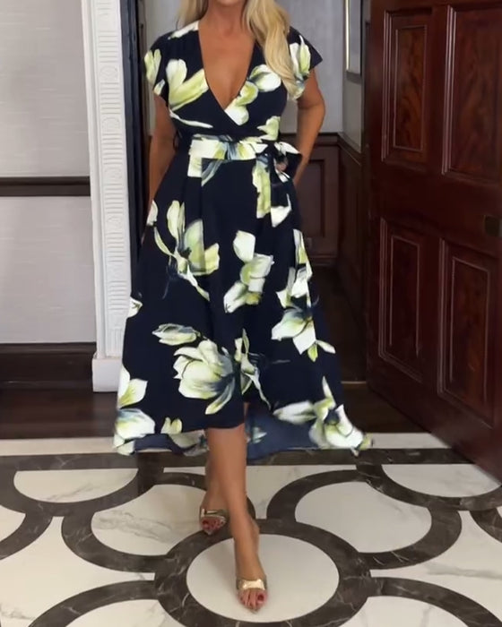 Kjole V-Hals Blomsterprint Talje Kortærmet