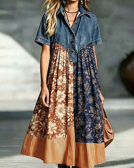 Kjole Skjortekrave Blomst Kontrast Denim Patchwork