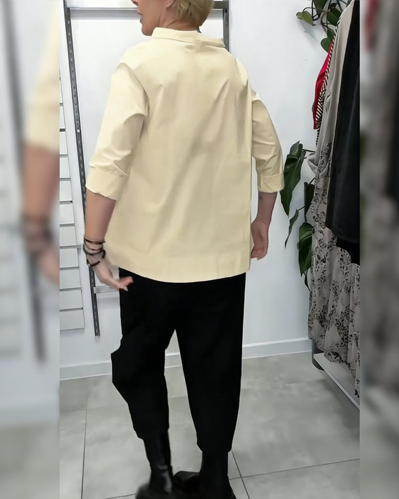 100% Bomuld Bluse Vid Krave Ensfarvet Casual