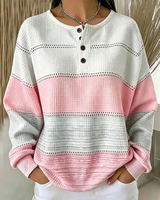 Sweatshirt Farveblok Rund Hals Knap Vaffel