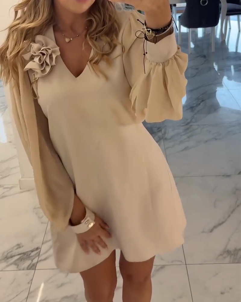 Kjole Tredimensionel Blomst V-hals Lygte Ærme