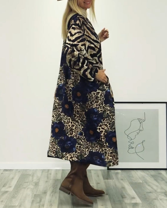 Stilfuld kjole med leopard- og zebraprint