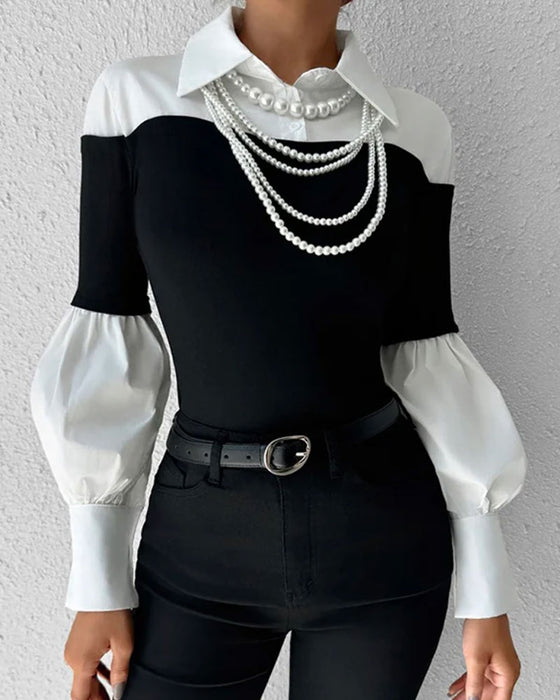 Top Farveblok Off-Shoulder Lanterne Ærme Patchwork