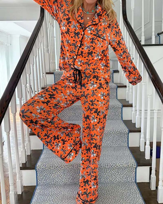 Pyjamas Sæt Skjortekrave Trykt Knap
