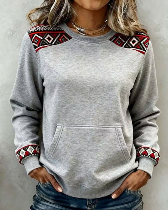 Sweatshirt Rund Hals Argyle Farveblok Lomme