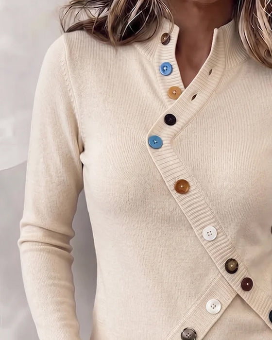 Pullover Mandarin Krave Farveblok Asymmetrisk Knap