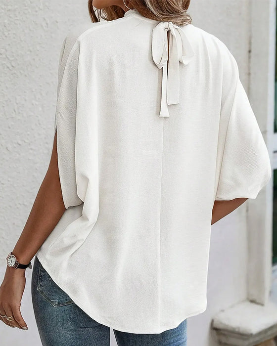 Bluse Mock Neck Plisseret Tre Kvart Ærme Ensfarvet