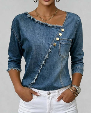 Bluse Jeans Skrå Krave Langærmet
