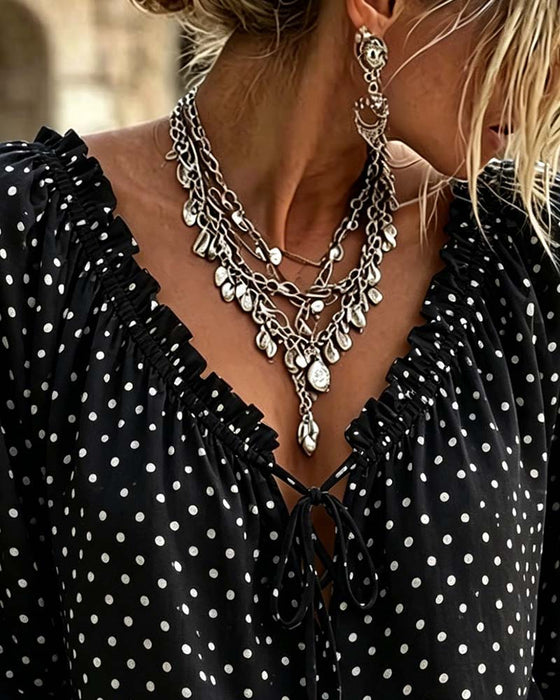 Bluse V-Hals Ruffle Polka Dot Bindebånd