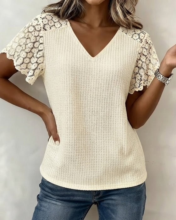 T-Shirt V-Hals Vaffel Blonde Patchwork Solid