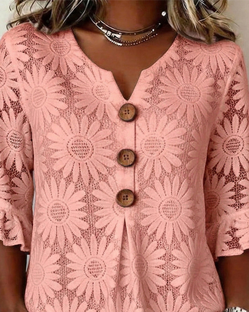 Bluse Med Rynket Tusindfrydmønster Og Rynkeærmer