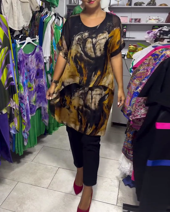 Top Rund Hals Løs Casual Trykt