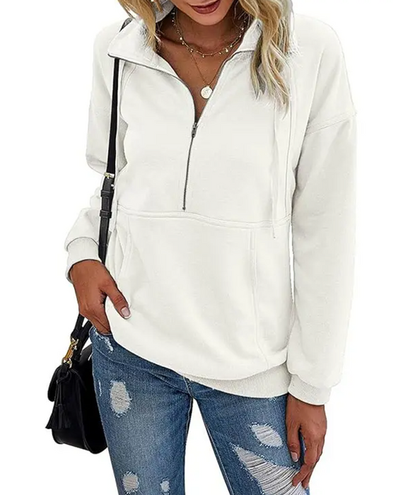 Sweatshirt Ensfarvet Revers Lynlås Lomme