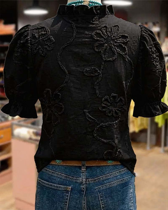 Bluse V-Udskæring Rynkekant Puffærme