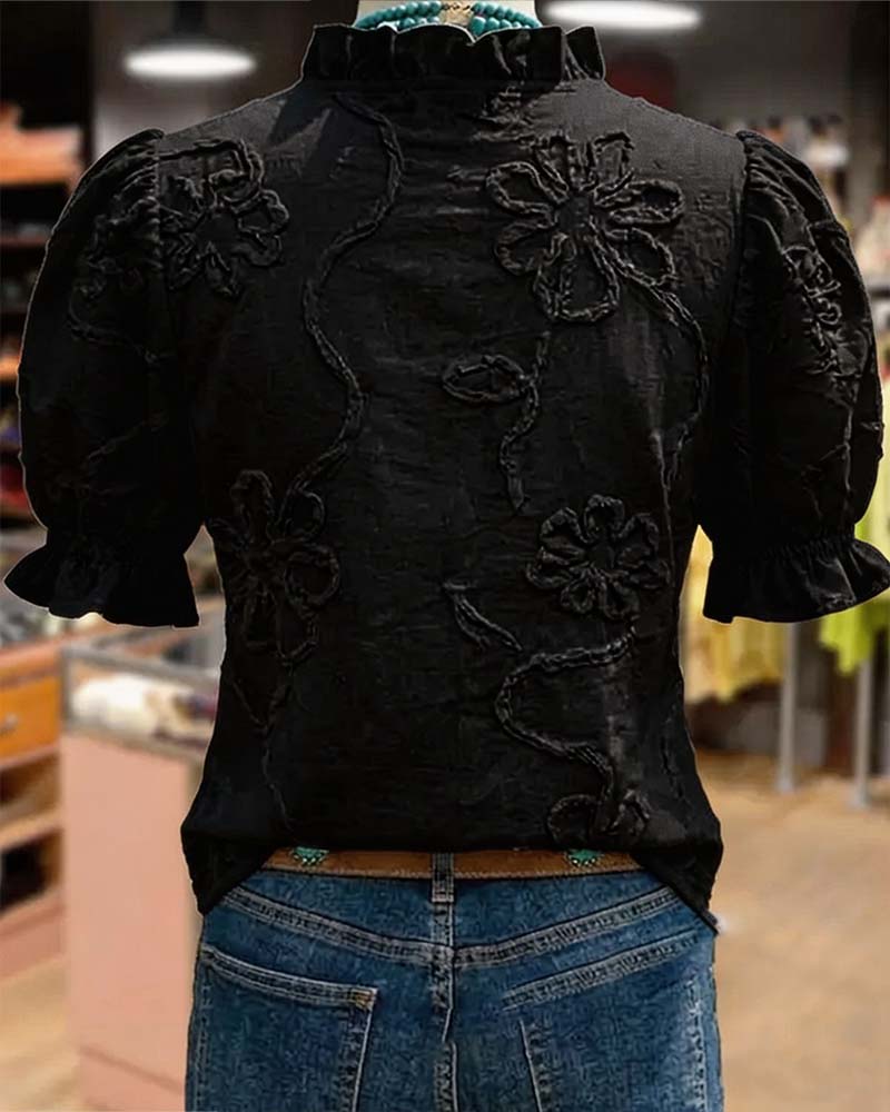 Bluse V-Udskæring Rynkekant Puffærme