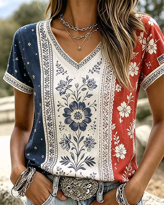 T-Shirts Farveblok Etnisk Blomstret V-Hals